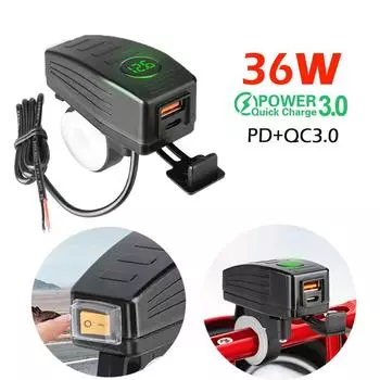 PD+QC3.0 USB зарядное устройство для мотоцикла руль два порта быстрая зарядка 38 Вт розетка с вольтметром переключатель водонепроницаемый 9 В-12 В