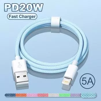 PD USB Lightning зарядный кабель 20 Вт для Apple iPhone 14 13 12 11Pro Max mini X XS XR 8 7 6 Plus SE 2020, тканый провод для быстрой зарядки 1m синий