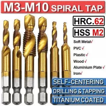 PDTO 6 шт. Длинные M3-M10 HSS титановые резьборезы Набор сверл с шестигранным хвостовиком