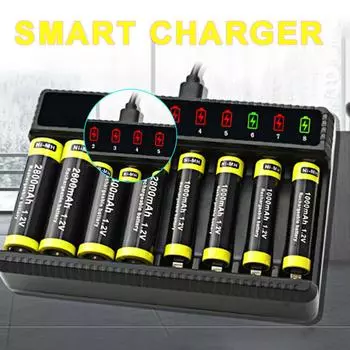 PDTO Новый 8-слотовый светодиодный дисплей Смарт-зарядное устройство для AA / AAA 1.2V NiMH аккумуляторная батарея