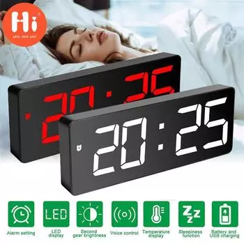 Pdtoweb Цифровой светодиодный настольный будильник с большим зеркальным дисплеем USB Повтор белый