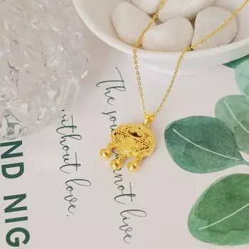 Peace Lock Wealth Bell Necklace: Chinese-Style Gold Plated Hollow Alloy Pendant