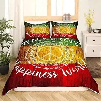 Peace Symbol Duvet Cover Set for Kids Boys Girls,Happiness World Bedding Set 3 Pcs,Queen Size,Green Brown Red Soft Bedroom Decor EU Single 135x200cm