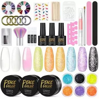 PEACECOLOR 15 мл УФ-гель Полигель для наращивания ногтей Набор маникюрных инструментов и набор блесток для украшения ногтей Накладные кончики ногтей Гель для ногтей Верхнее базовое покрытие Набор для дизайна ногтей