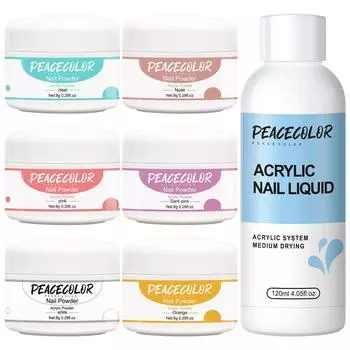 PEACECOLOR 6pc 8g Acrylic Powder Crystal Powders And 120ml Acrylic Liquid 3D Carving Crystal Nails Manicure Set for Nail Extension Nail Building Kits