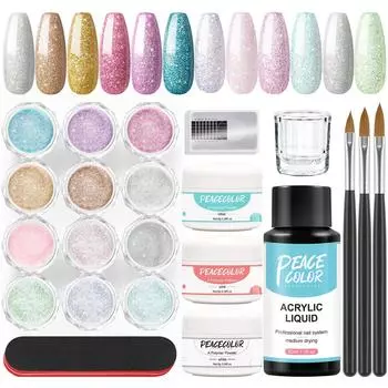 PEACECOLOR Набор акриловых ногтей 30 мл Акриловая жидкая мономерная акриловая пудра для ногтей и кристаллическая цветная пудра для ногтей для наращивания ногтей Набор маникюрных инструментов