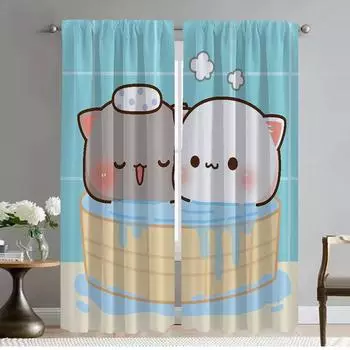 Peach Mochi Cat Curtains Child Room Anti-mosquito Curtains for Camera Halloween Decoration Partition Living Room Curtain Shades W50xH70cmx2pcs-CL