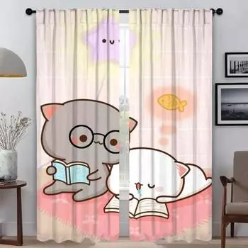 Peach Mochi Cat Kitchen Curtains 2 Pieces Blackout Curtain for Room 2 Panel Shades Tulle for Bedroom Home Interior Curtains W50xH70cmx2pcs-CL