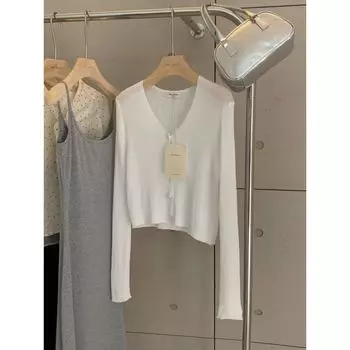 Peach Pink Pearl Buckle V Neck Ice Silk Long Sleeve Knitting Cardigan Women s Summer Pure Color Suspender Skirt Outer Match Short Sun Protection Shirt White One size