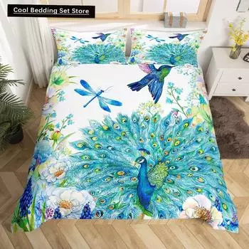 Peacock Duvet Cover King Queen Size Hummingbird Dragonfly Bedding Set Flowers Birds Quilt Cover Floral Animals Comforter Cover EU single(135x200cm)