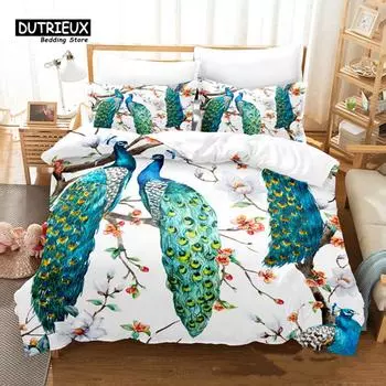 Peacock Feather Bedding Set Peacock Duvet Cover Set Single Double King For Adult Women Microfiber Comforter Cover Bedroom Decor EU single(135x200cm)