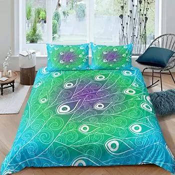 Peacock Feather Print Duvet Cover Bird Feathers Element Bedding Set Ultra Psychedelic Swirl Comforter Cover Colorful Bedclothes US Queen(228x228cm)