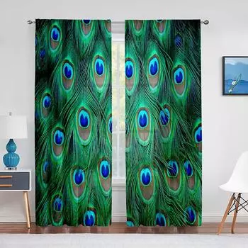 Павлиньи зеленые перья птицы животные шкура тюлевые шторы для гостиной спальня украшение шифон прозрачная вуаль оконная занавеска 1 PCS W100XH250cm&Rod Pocket