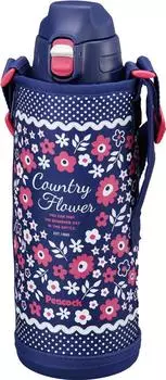Peacock Water Bottle Kids 1000ml Cold Insulated One Touch Direct Drinking Children Direct Bottle with Pouch 1L Navy Flower AKF The-peacock AJC-F101