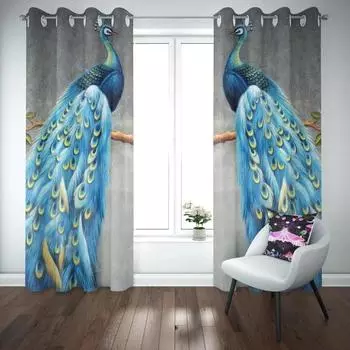 Peacock Window Curtain Flower Peafowl High Shading Drape for Living Room Luxury Room Divider Left and Right Biparting Open New W55 X H120cm X 2&HOOK