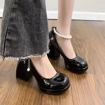 Туфли-лодочки на высоком каблуке с ремешком на щиколотке из жемчуга, женские туфли Мэри Джейн из лакированной кожи с квадратным каблуком, женские туфли в стиле Jk с круглым носком и бисером 35 бежевый