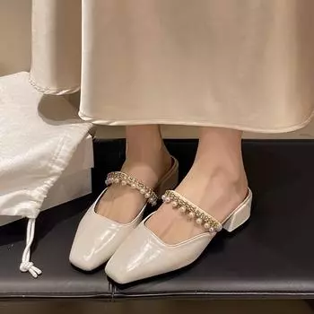 Pearl bag head cool slippers women s fashion outer wear 2025 summer new thick heel fairy wind medium heel French half slippers 35