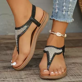 Pearl Bohemian Sandals for Women Summer New Elastic Band Clip Toe Flat Sandals Woman Comfort Non Slip Beach Shoes Plus Size 36