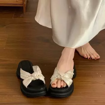 Pearl bow cool slippers women s summer wear new thick bottom heightening skirt beautiful beach one-word drag 35 бежевый