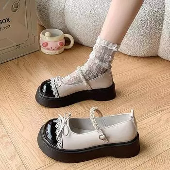 Pearl bow platform small leather shoes women s summer new with skirt Mary Jane single shoes 35