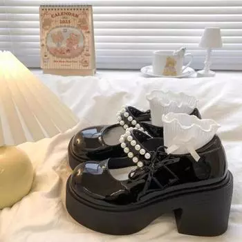 Pearl bow small leather shoes autumn thick heel Velcro pink round head Mary Jane shoes 35