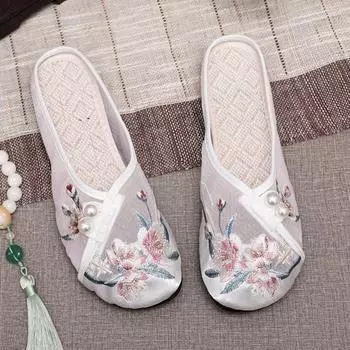 Pearl Ethnic Style Baotou Slippers Mesh Embroidered Shoes Retro Hanfu Slippers Hanfu Accessories EU37-Style A