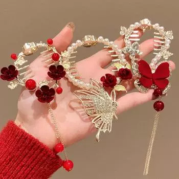 Pearl Flower Ponytail Holder Rose Hanfu Headwear Vintage Flower Horsetail Buckle Hair Ornaments G