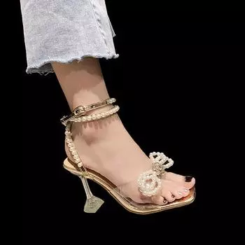 Pearl French one-word buckle sandals women s new summer high heels women s stiletto open-toed fairy style women s shoes 34 белый