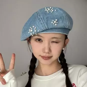 [Pearl Girl] Жесткий полевой деним мягкий верх жемчужный дизайн берет темперамент показывающий лицо маленькая шляпа художника adjustable (56-58cm)