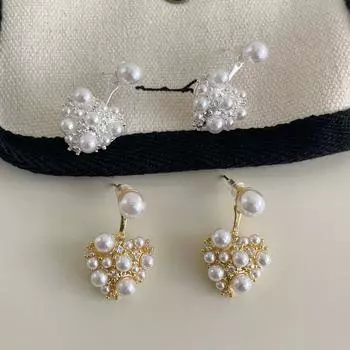 Pearl love stud earrings, front and rear two wear Xiaoxiang exquisite zircon earrings, simple, elegant and fashionable earrings. copper