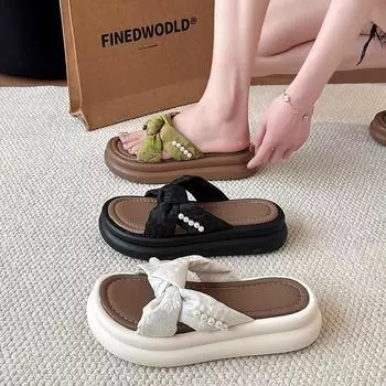 Pearl national style fairy wind cool slippers female 2025 summer new with skirt sandals thick-bottomed beach one-word slippers 35 чёрный