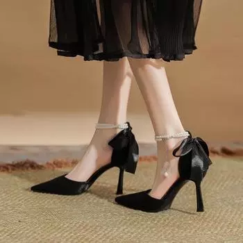 Pearl one-word buckle hollow single shoes women s black bag head sandals with skirt bow thin heel pointed high heels women 34