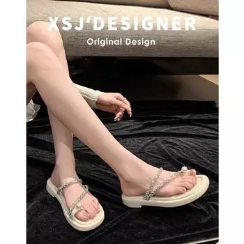 Pearl Puffs~ Rhinestone Set Toe Casual Delicate Flat Bottom Sandals Women s Slippers Outer Wear Summer 35