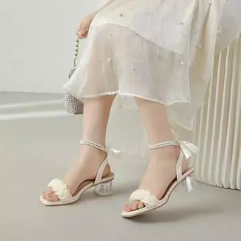 Pearl Roman Sandals Stunning Mesh High Heels Women s Summer 2025 New Medium Heel Crystal French Fairy 35