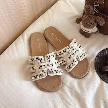Pearl slippers female summer wear new fairy fashion flat bottom word beach cool slippers 35