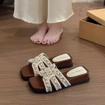 Pearl slippers female summer wear new fairy fashion flat bottom word beach cool slippers 35