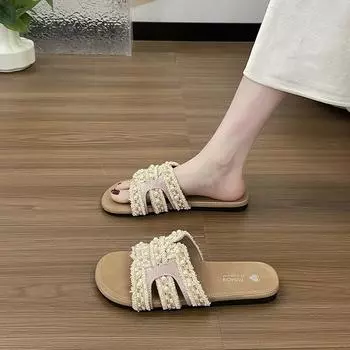 Pearl slippers female summer wear new fairy fashion flat bottom word beach cool slippers 35