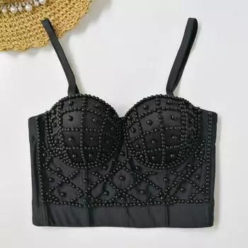 Pearl Suspender Vest Fishbone Soft Support Outwear Corset Steel Ring Crop Top Sexy Short Stage Performance Fashion Style Black 38C/85