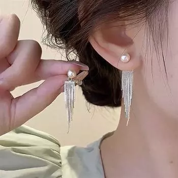 Pearl Tassel Front and Back with Elegant Sterling Silver Needle Stud Earrings Female New Long Earrings Special-Interest Design Eardrop Earring Pearl tassel silver needle