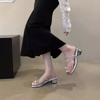 Pearl toe slippers new open-toed niche rhinestones spring and autumn Korean version simple thick heel 2024 sandals 35 чёрный