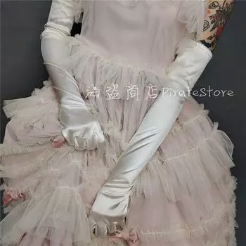 Pearl White Super Elegance Satin Gloves Lolita Matching Expert Retro Sleeve Cover Gorgeous Wedding 52cm long All yards