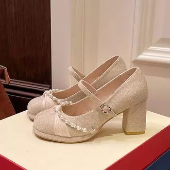 Pearlescent high heels women s summer shoes thick heel elegant bridesmaid dress skirt Mary Jane women s shoes 34