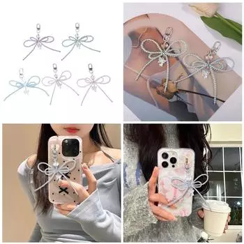 Pearls Beaded Bowknot Keyrings Cute Double Layer Butterfly Knot Pendant Keychain Colorful Phone Lanyard Accessories белый