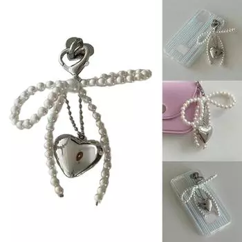Pearls Beaded Phone Lanyard Bowknot Heart Pendant Keychain Stylish Phone Charm Keyring Bag Charm Accessory for Women