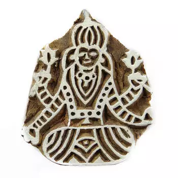 Печать деревянной марки религиозной богини Сарасвати на тканевом пограничном блоке 2.2 x 1.8 x 1 H Inches