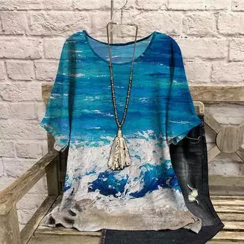 Печать и окрашивание футболка больших размеров синяя морская цветная женская с круглым вырезом и коротким рукавом 3D-принтованные футболки повседневные футболки 7XL