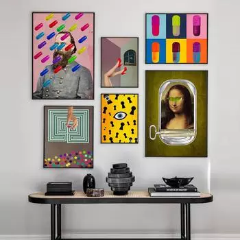 Печать Картина Настенная живопись Цветная таблетка Модульный холст Ретро Мона Лиза Хаос Постеры Картины Современный декор Прикроватный фон 21x30cm No Framed
