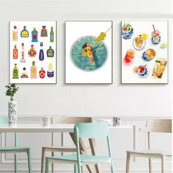 Печать коктейля в бассейне Мартини Y2K Prep Студент Настенные художественные картины Винтажный постер Модная барная тележка Картина на холсте Декор 21x30cm No Framed