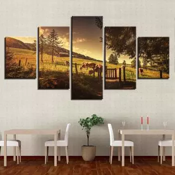 Печать на холсте HD для украшения дома, настенное искусство, модульные картины, корова, животное, дерево, гостиная, 5 шт. Medium Size Unframed Canvas