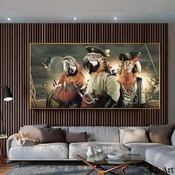 Печать на холсте, настенное искусство, попугай, пиратская живопись, парусная лодка, постеры и принты на стене, холст, современные фотографии животных, домашний декор без рамки 20*40cm